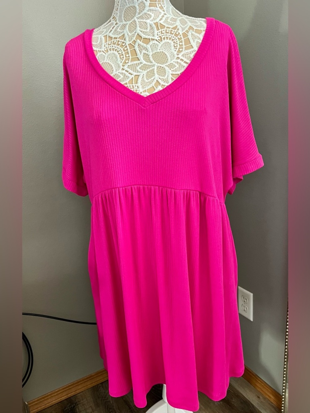 Honeyme Hot Pink V-Neck Ribbed Babydoll Dress - XL